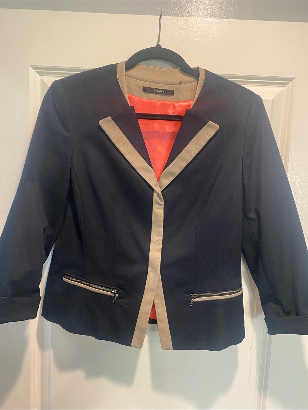 Tahari Navy Blazer with Beige Trim and Coral Lining